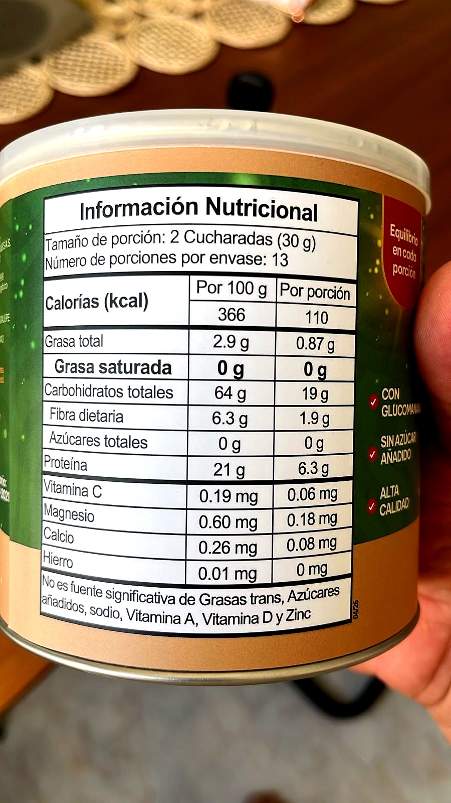 Tabla nutricional TOD100